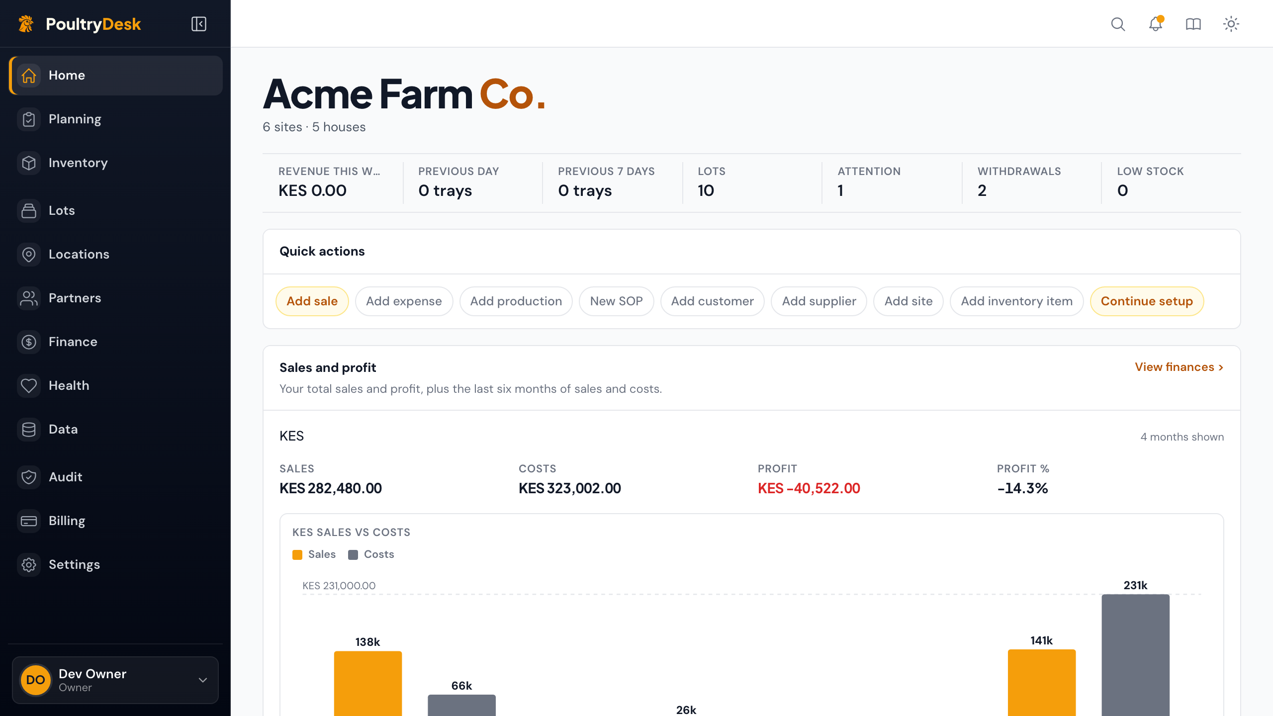 The PoultryDesk laptop layout: the module navigation runs down the left (Home, Planning, Inventory, Lots, Locations, Partners, Finance, Health, Data, Audit, Billing, Settings) beside the dashboard content.